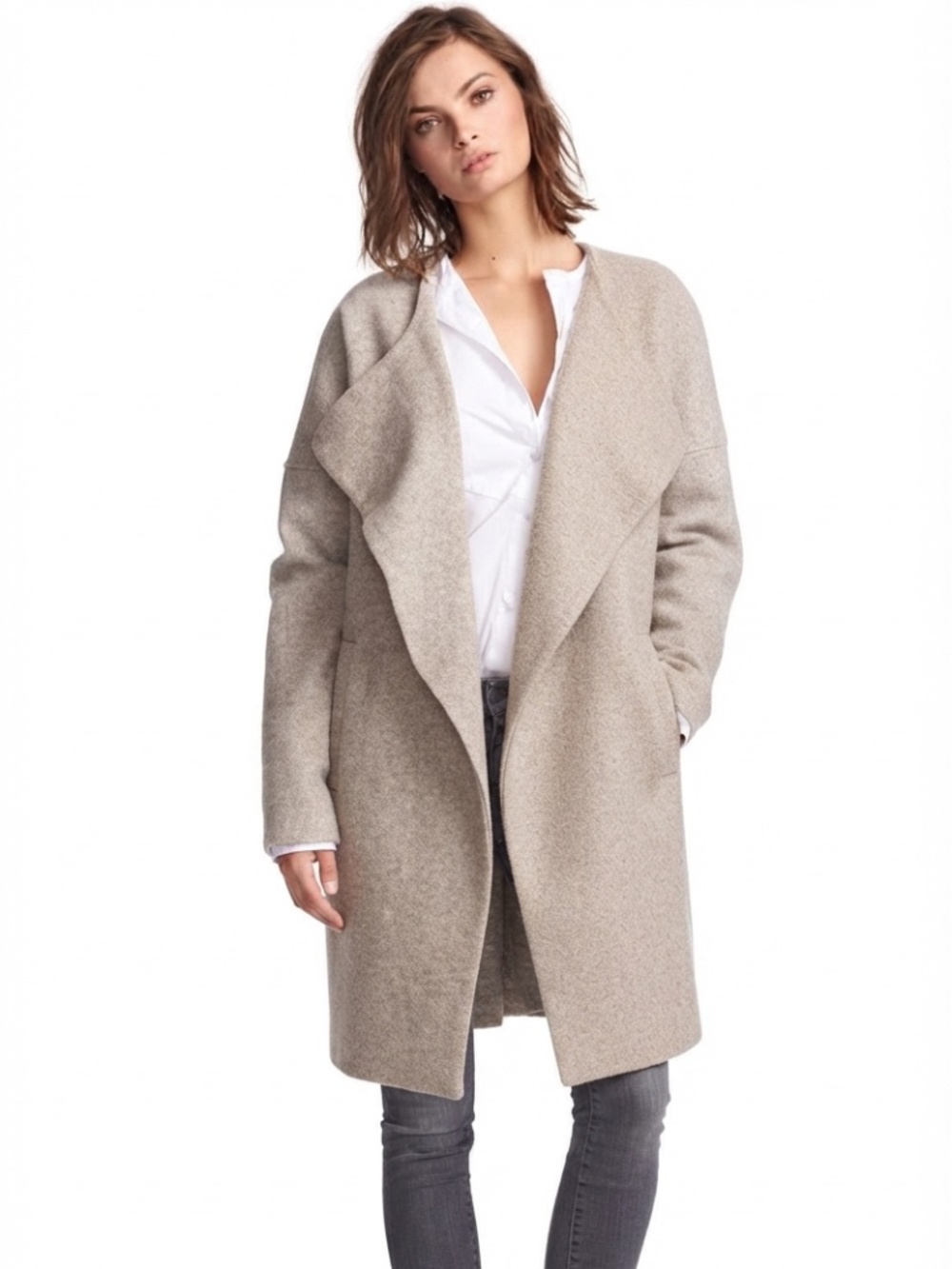 🍁J. JILL Oatmeal Gray Wool Angora Open Coat Size S Petite //Small
